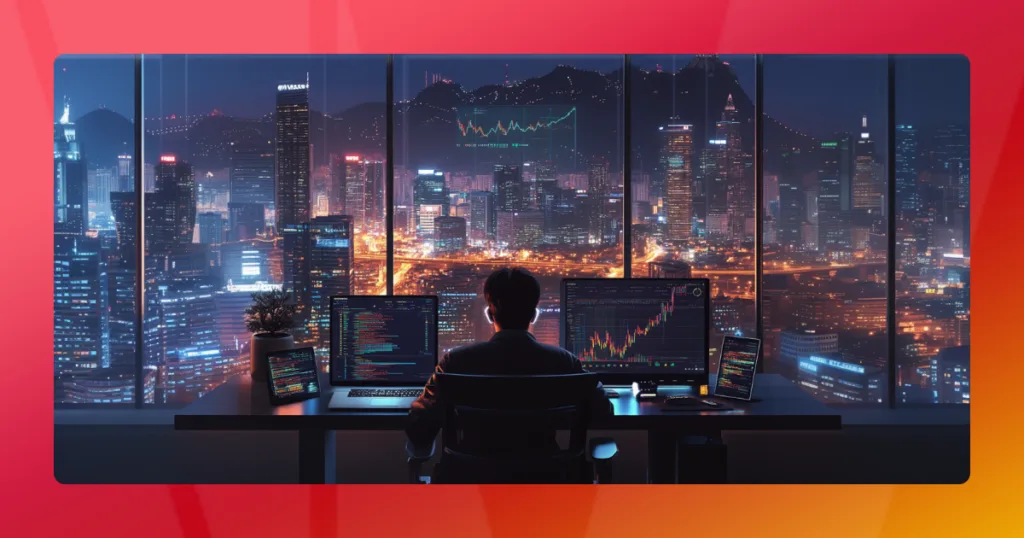 a man sitting at a desk looking at a city