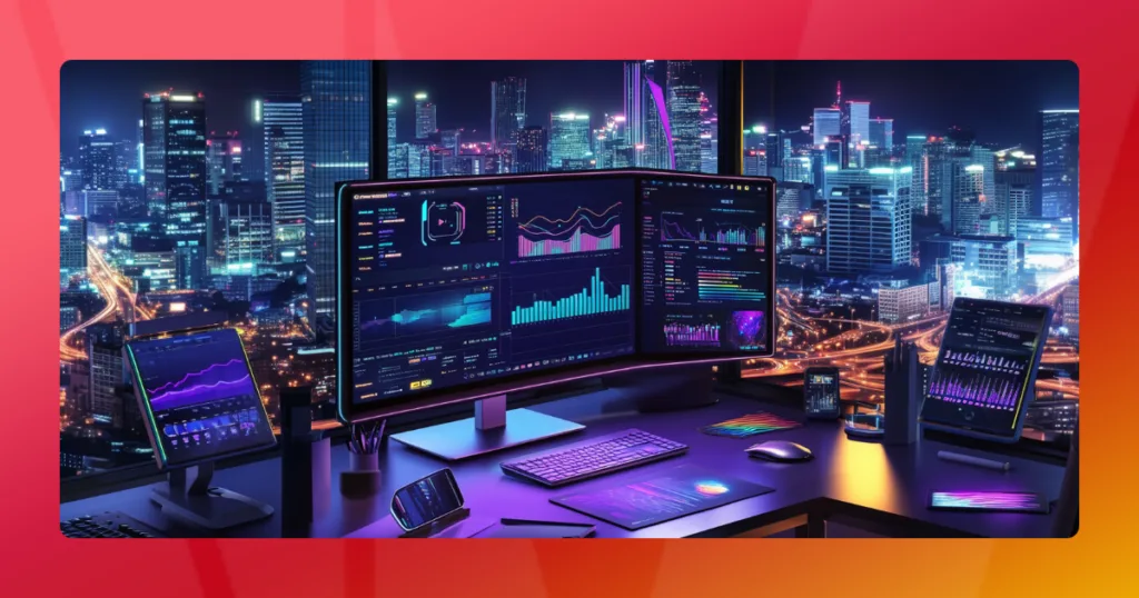 a computer with multiple screens and a city view