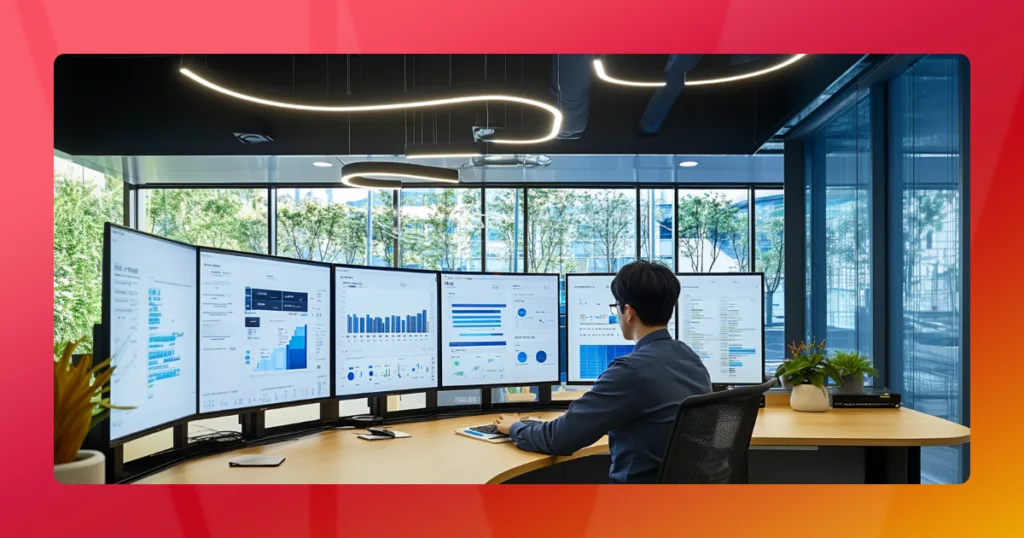 a man sitting at a desk with multiple screens